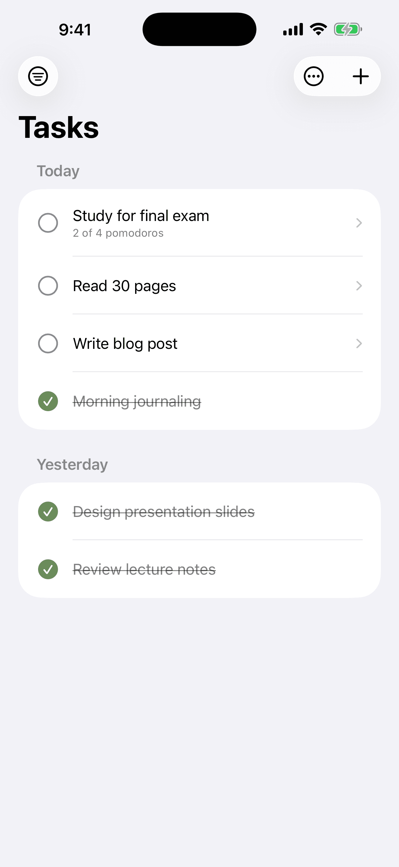 Tasks list showing today's work — Study for final exam, Read 30 pages, Write blog post — and yesterday's completed items.